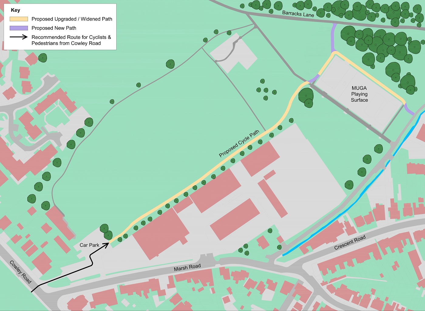 Map showing route of cycle path through Cowley Marsh Recreation Ground