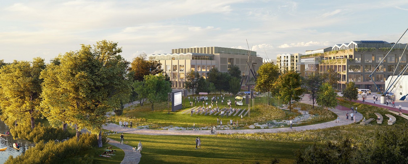 Artist's impression of the Oxpens development, showing outdoor cinema alongside the river