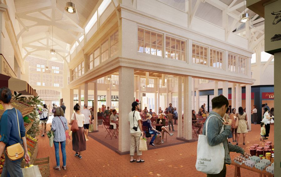 Architect's drawing of the proposed atrium view of Covered Market with people wander, sitting and enjoying a bright, heritage space.