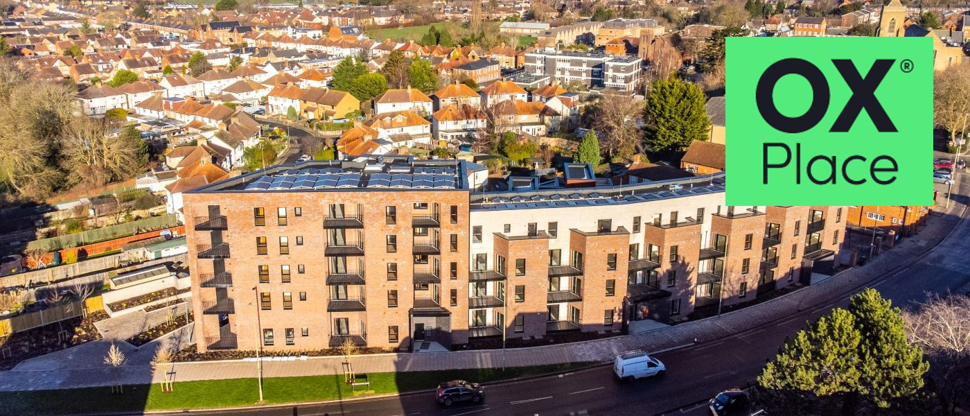 Aerial photo of The Curve with OX Place logo superimposed