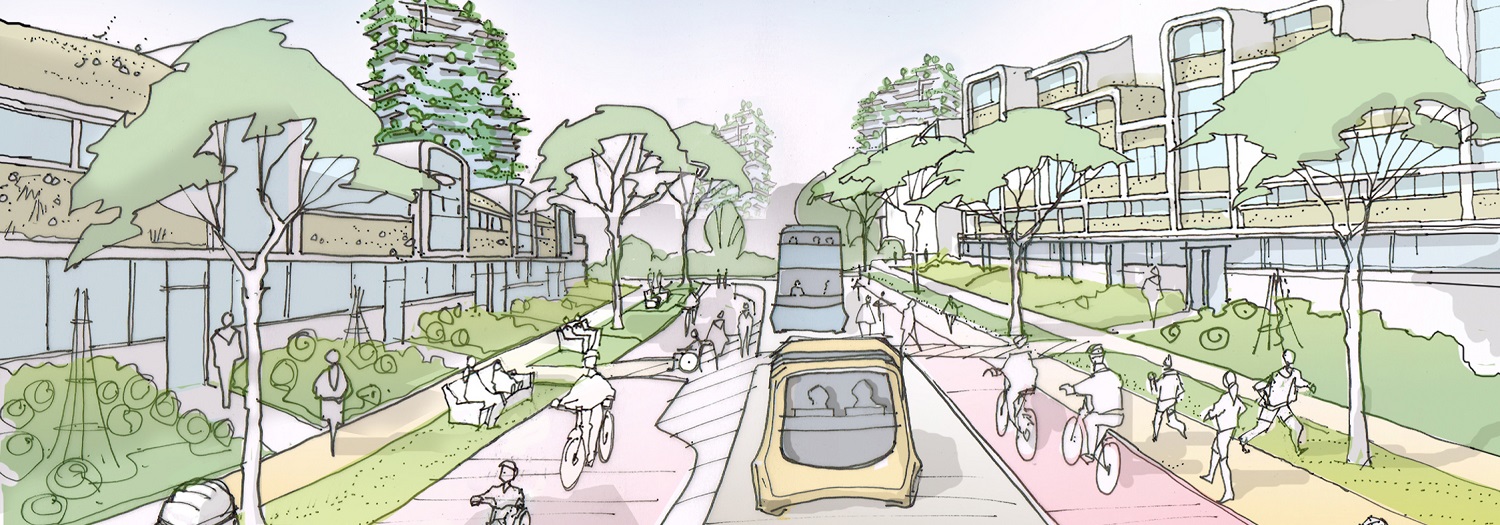 Artist's impression of what a street in Blackbird Leys could look like in 2050, including more space for pedestrians and cyclists, public benches and trees.