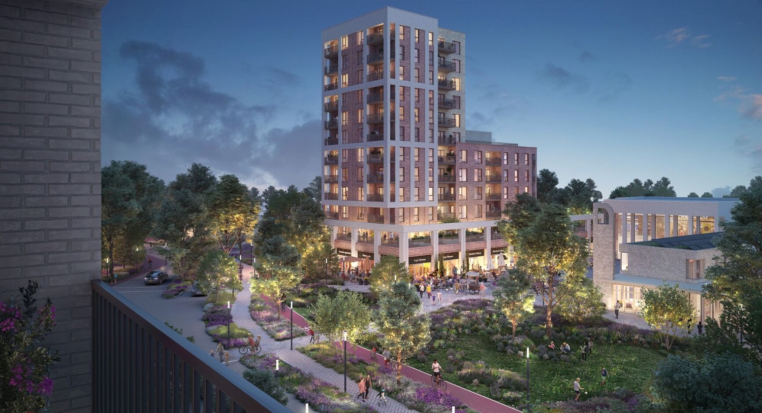 Artist impression of what the new Blackbird Leys district centre could look like at night.