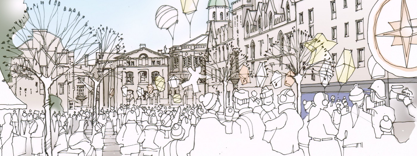 An artist's impression of what Broad Street could look like in 2050, including new trees and benches. The image shows a winter festival taking place in the space.