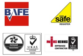 Montage of compliance logos including: BAFE, Gas Safe Register, ISOQAR, NICEIC