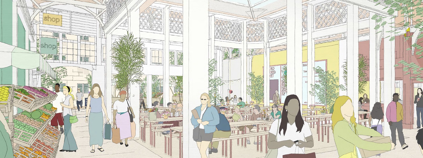 Artist impression of what the Covered Market redevelopment could look like. The image shows a large internal seating area, with new roof windows lighting the space.