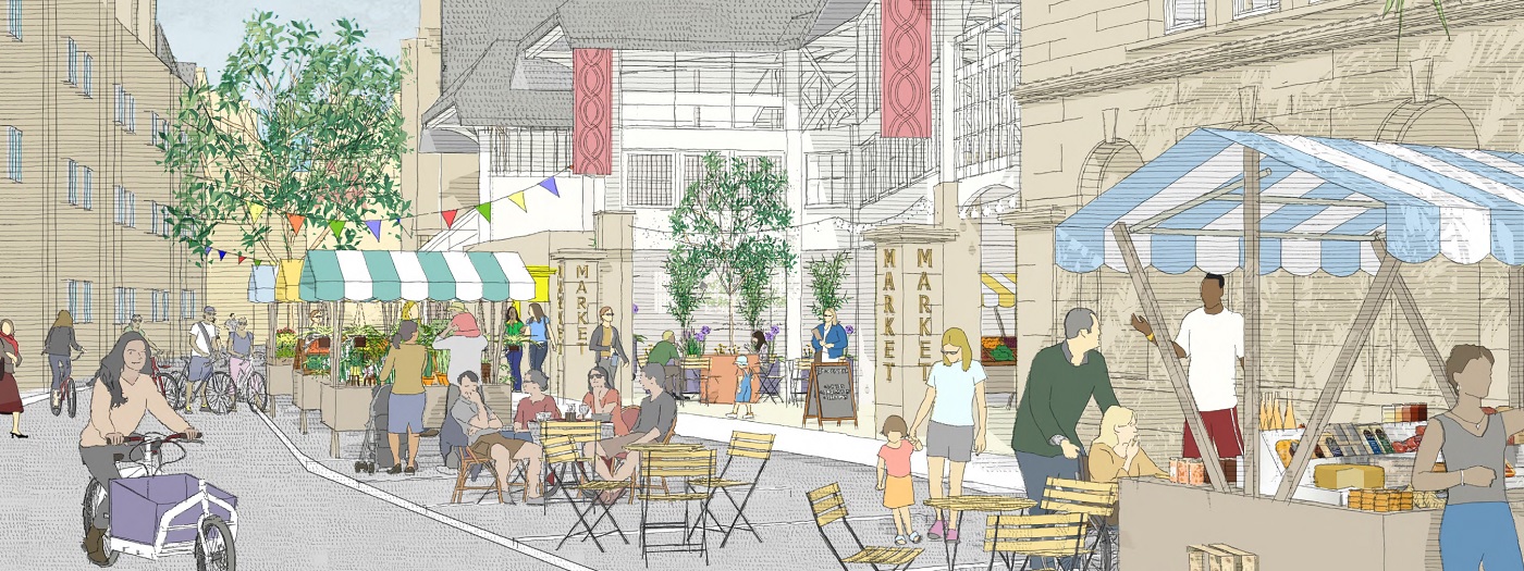 Artist impression of what Market Street could look like following the redevelopment. The image shows a part-pedestrianised street featuring outdoor seating, stalls and new trees