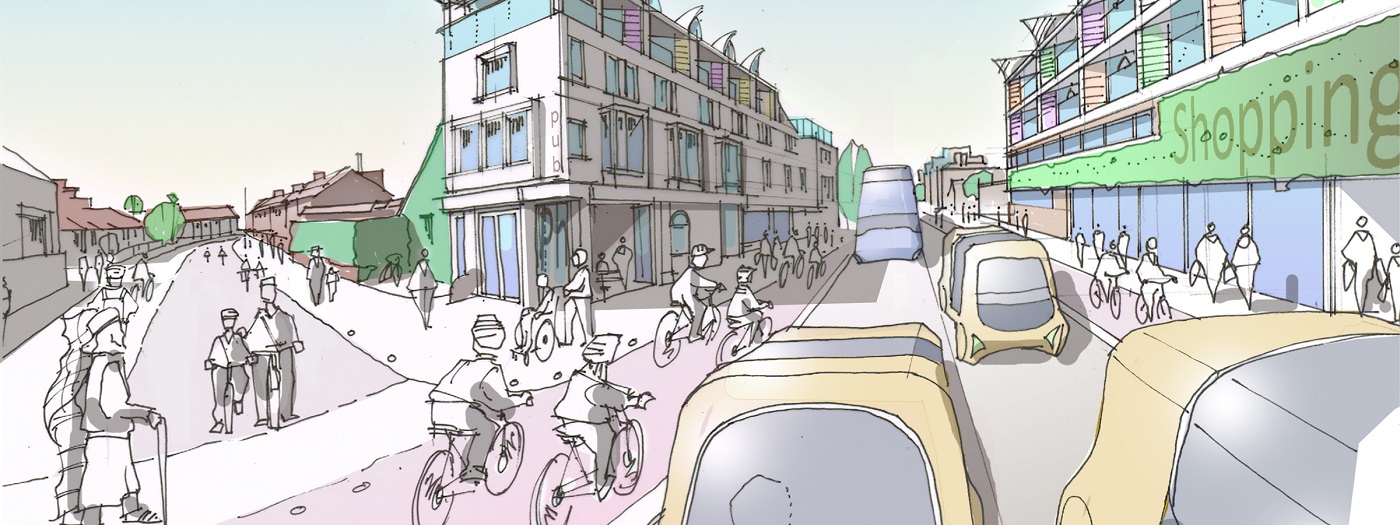 An artist's impression of what Cowley Road could look like in 2050, showing more space for cyclists, taller buildings and futuristic vehicles.