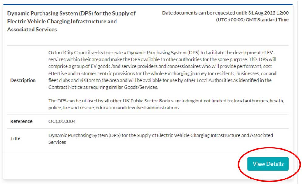 Screenshot showing a circled View Details button on the Dynamic Purchasing System for EV charging tender on the In-tend portal