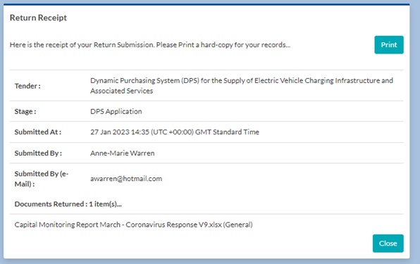 Screenshot showing the Return Receipt screen on the Dynamic Purchasing System for EV charging tender on the In-tend portal