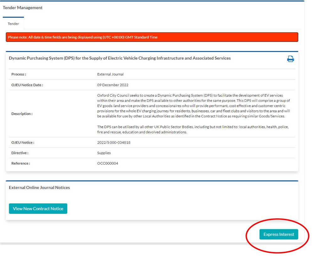 Screenshot showing a circled Express Interest button on the Dynamic Purchasing System for EV charging tender on the In-tend portal