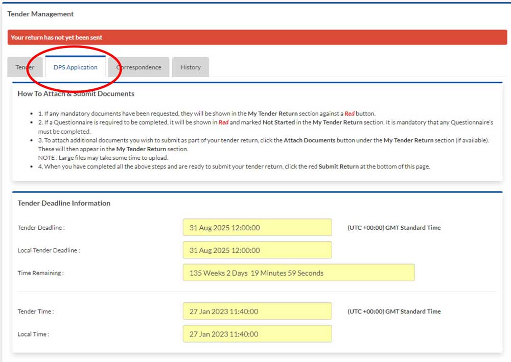 Screenshot showing the DPS Application tab on the Dynamic Purchasing System for EV charging tender on the In-tend portal