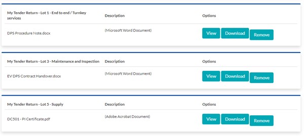 Screenshot showing uploaded documents actions on the Dynamic Purchasing System for EV charging tender on the In-tend portal