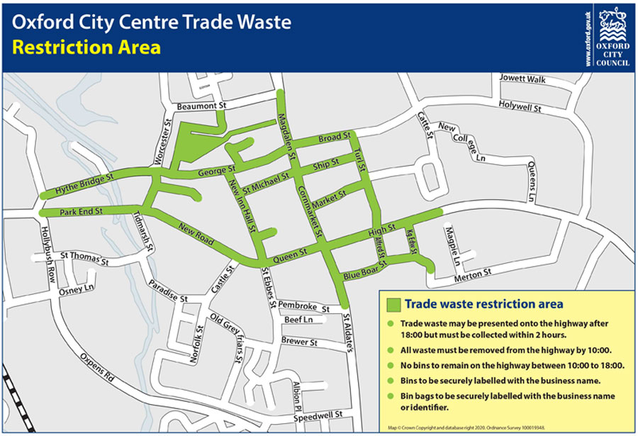 Map showing streets marked in green commercial waste collection restrictions area