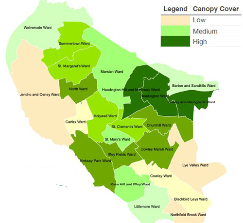 Map showing density of tree canopy cover in Oxford