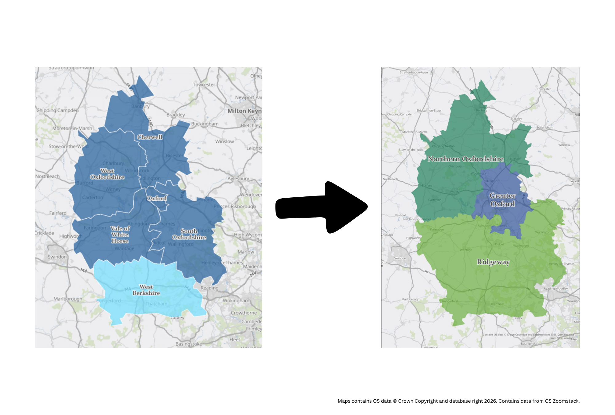 Two maps. The first shows the current seven councils across Oxfordshire and West Berkshire, and what the second shows the three new councils across the same geography.