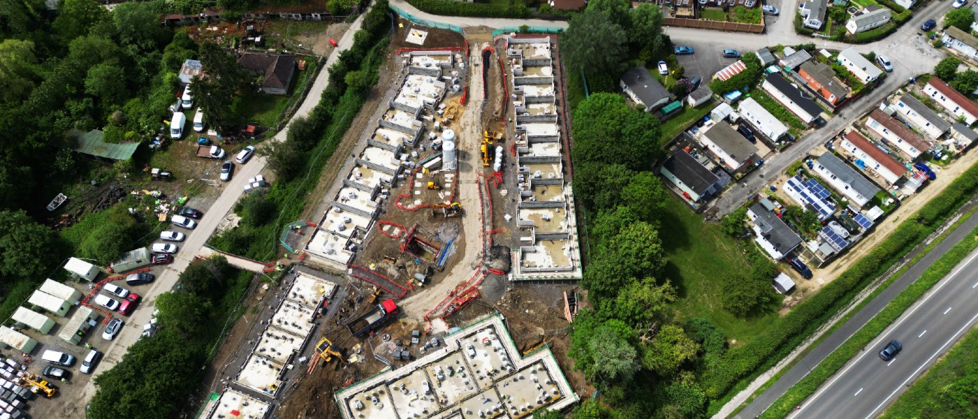 Aerial photo of new homes at Marston Paddock, with the A40 visible at the bottom right of the picture