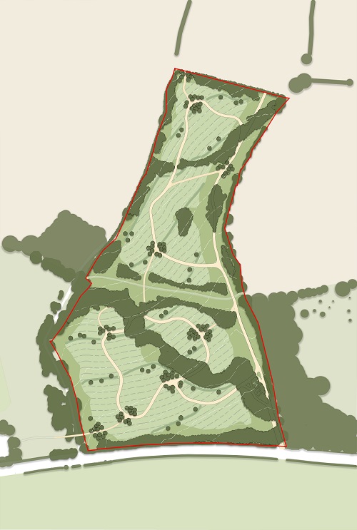 An aerial image showing what Oxford Burial Meadow could look like, including new paths and trees.