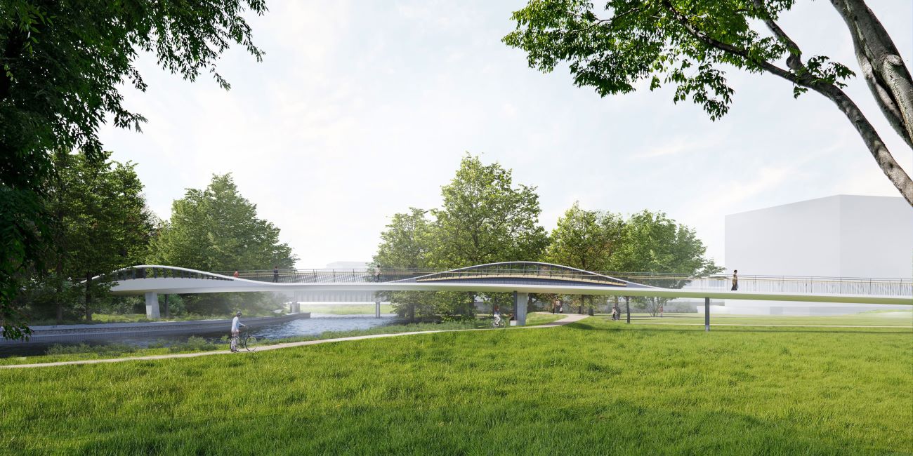 Artist impression of Oxpens River Bridge heading towards Oxford ice rink with pedestrians and cyclists enjoying the space, 