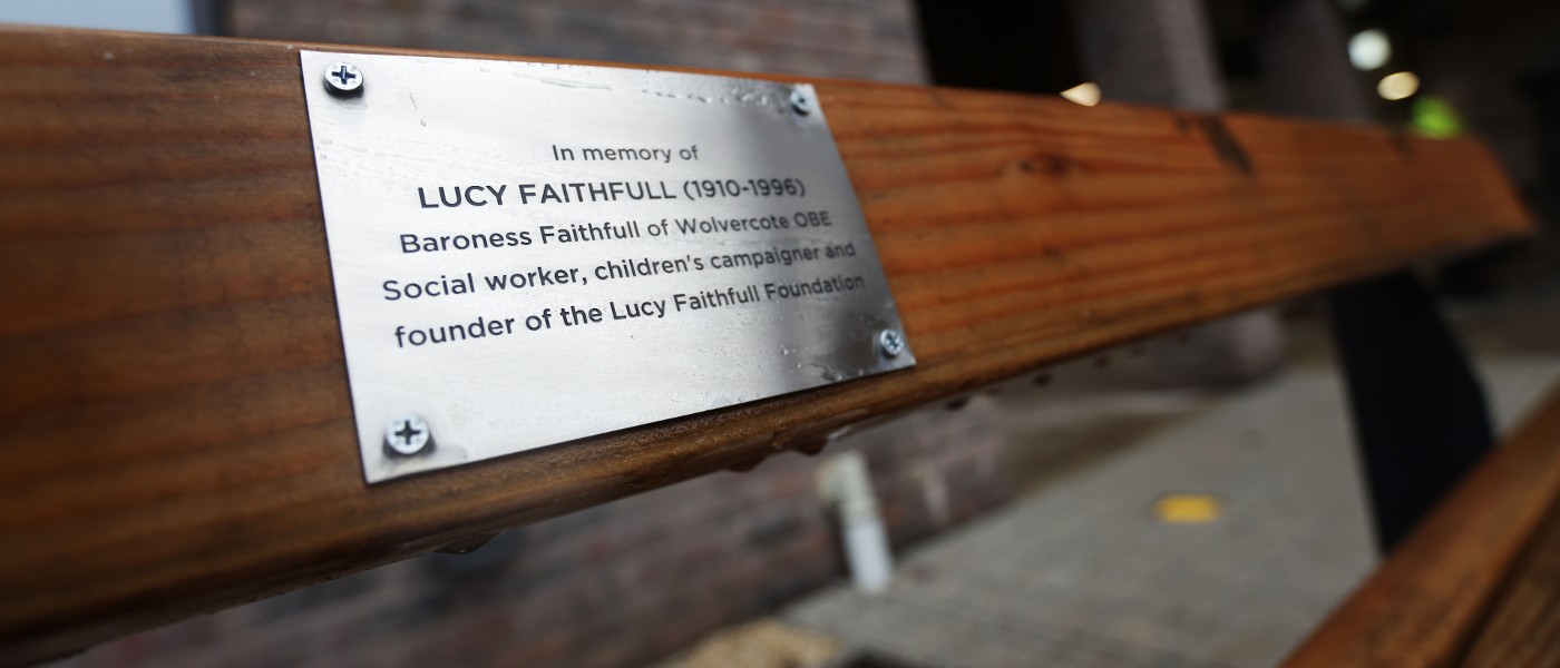 Plaque on a bench commemorating Lucy Faithfull