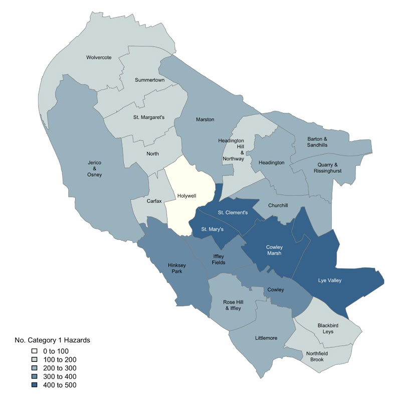 Map of Oxford showing distribution of private rented sector properties with category 1 hazards