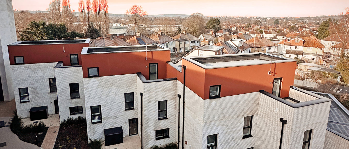 Rooftop view of three OX Place houses at The Curve