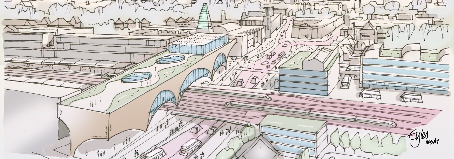 Artist impression of Oxford Train Station in 2050, showing more tracks and a new station building