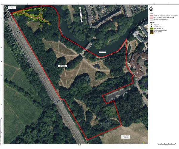 Aerial view of Grandpont Nature Park with impact of bridge