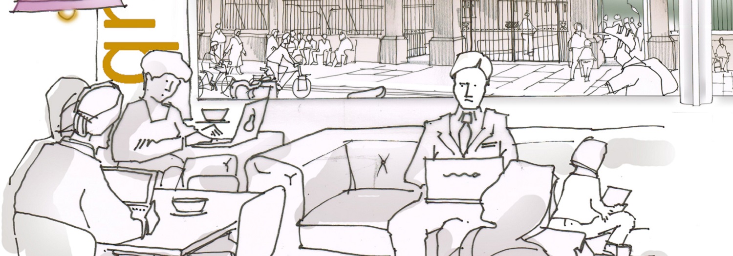 Artist's impression of a city centre work hub, including people working on laptops and drinking coffee in a collaborative space