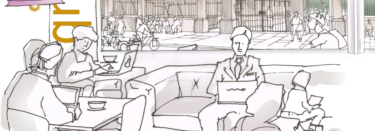 Artist's impression of a city centre work hub, including people working on laptops and drinking coffee in a collaborative space