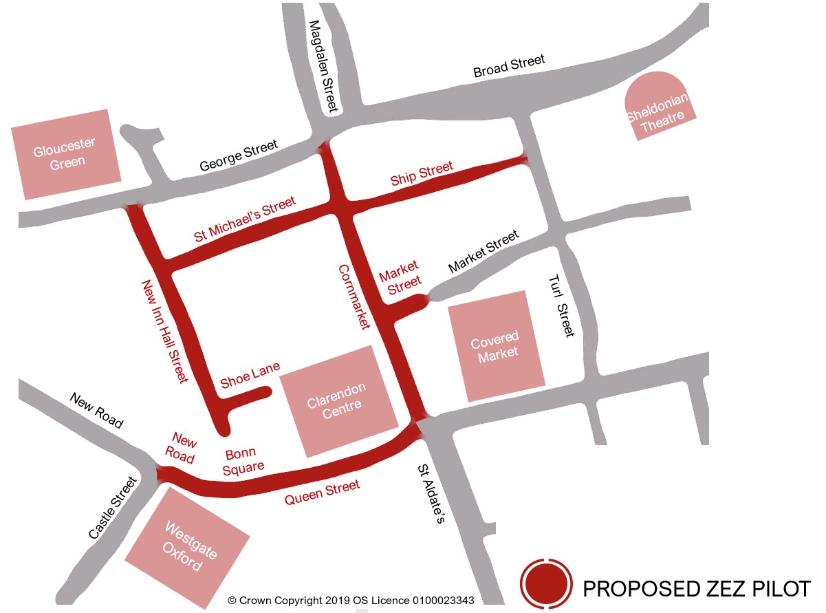 Image of ZEZ Pilot zone map which consists of Bonn Square, Queen Street, Cornmarket, part of Market Street, Ship Street, St Michael’s Street, New Inn Hall Street, and Shoe Lane