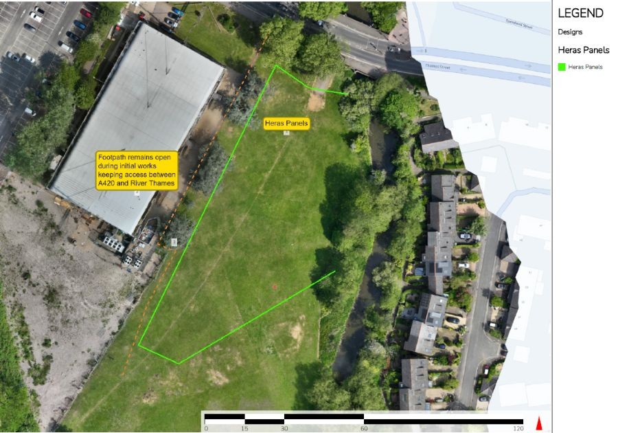 Technical map showing indicative location of fencing to be in place for construction works. Green lines show where fencing will be, a dotted orange line beside the Ice Rink to indicate this path will remain open.