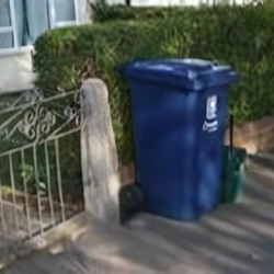 Example of correct presentation of a blue bin and food caddy with them positioned outside, but close to the property boundary so crews can access them easily and they don't cause an obstruction to other users