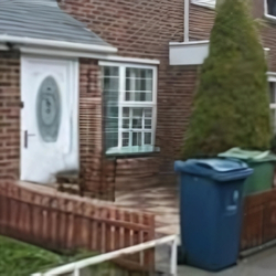 Example of correct bin presentation showing a blue bin positioned at the entrance of a property so crews don't need to walk on the property to collect it